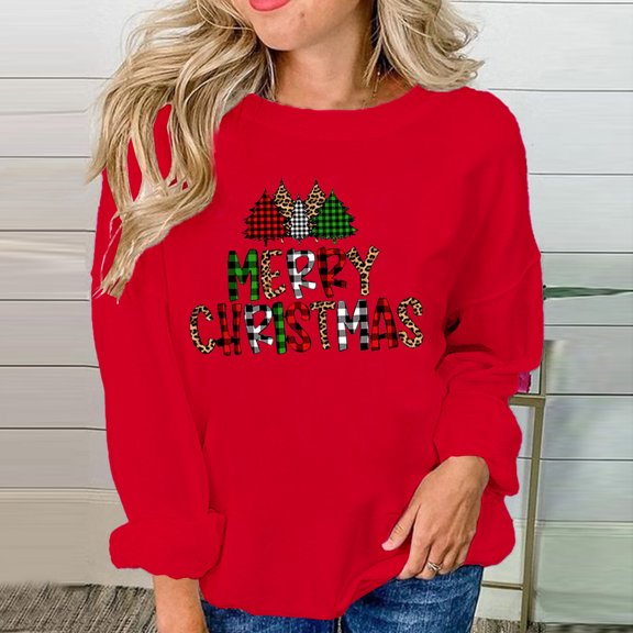 JingHai Up to 65% off!Merry And Bright Christmas Sweatshirt For Women Letter Printed Casual Long Sleeve Round Neck Pullover Tops-Red XXL