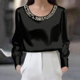 thumbnail image 4 of ManxiVoo Women Pearl Detail Satin Top Long Sleeve Crew Neck Blouse Elegant Fall Work Shirt Luxe Feel Blouse XL Size Black, 4 of 6