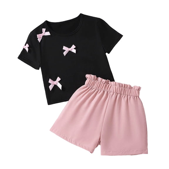 Likimi Children Girls Two Piece Set Bow Short Sleeve Crew Neck Top With Solid Color Shorts Summer Comfort Soft Outfit Set Black Size 9-10 Years