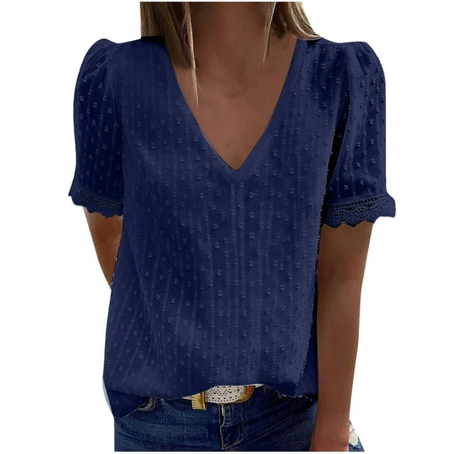 Fridja Mode Femmes Casual Solide Manches Courtes V-Cou Dentelle T-Shirt Blouse Tops