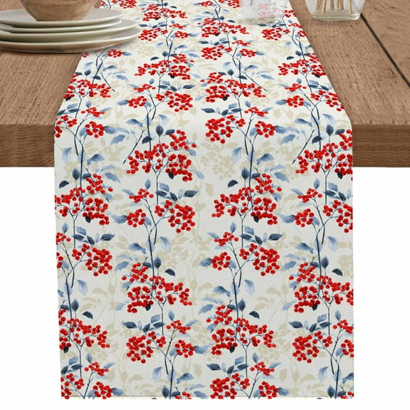Fruit Red Table Runner 108 Inches Long for Dining Table Decor,Rustic Country Berry Plant Fall Leaf Branch Burlap Linen Farmhouse Table Runner Coffee Table Runners Dresser for Kitchen Party Holiday