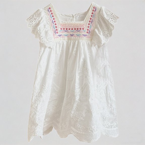 REDARER Toddler Girls' Summer Embroidered Dress with Square Neck Eyelet Lace Flutter Sleeves & Colorful Bib Detail Casual Boho Kids Outfit,7-8 Years