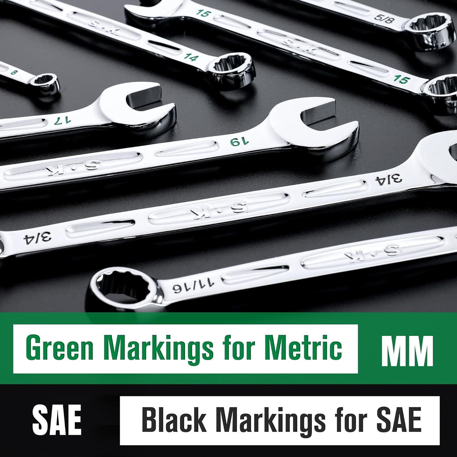 SK Combination Wrench Set, Metric 8 to 19mm, 12-Piece, SuperKrome Finish, Preminum CR-V Construction, with Rolling Pouch
