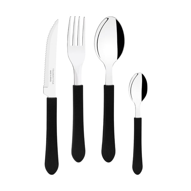 juego de cubiertos tramontina 16 piezas negro, imagen con cuatro piezas representativas (cuchillo serrado, tenedor, cuchara sopera y cucharita) con láminas de acero inoxidable y mangos negros de polipropileno de superficie lisa sobre fondo blanco; apto para lavavajillas y suitable para uso diario.
