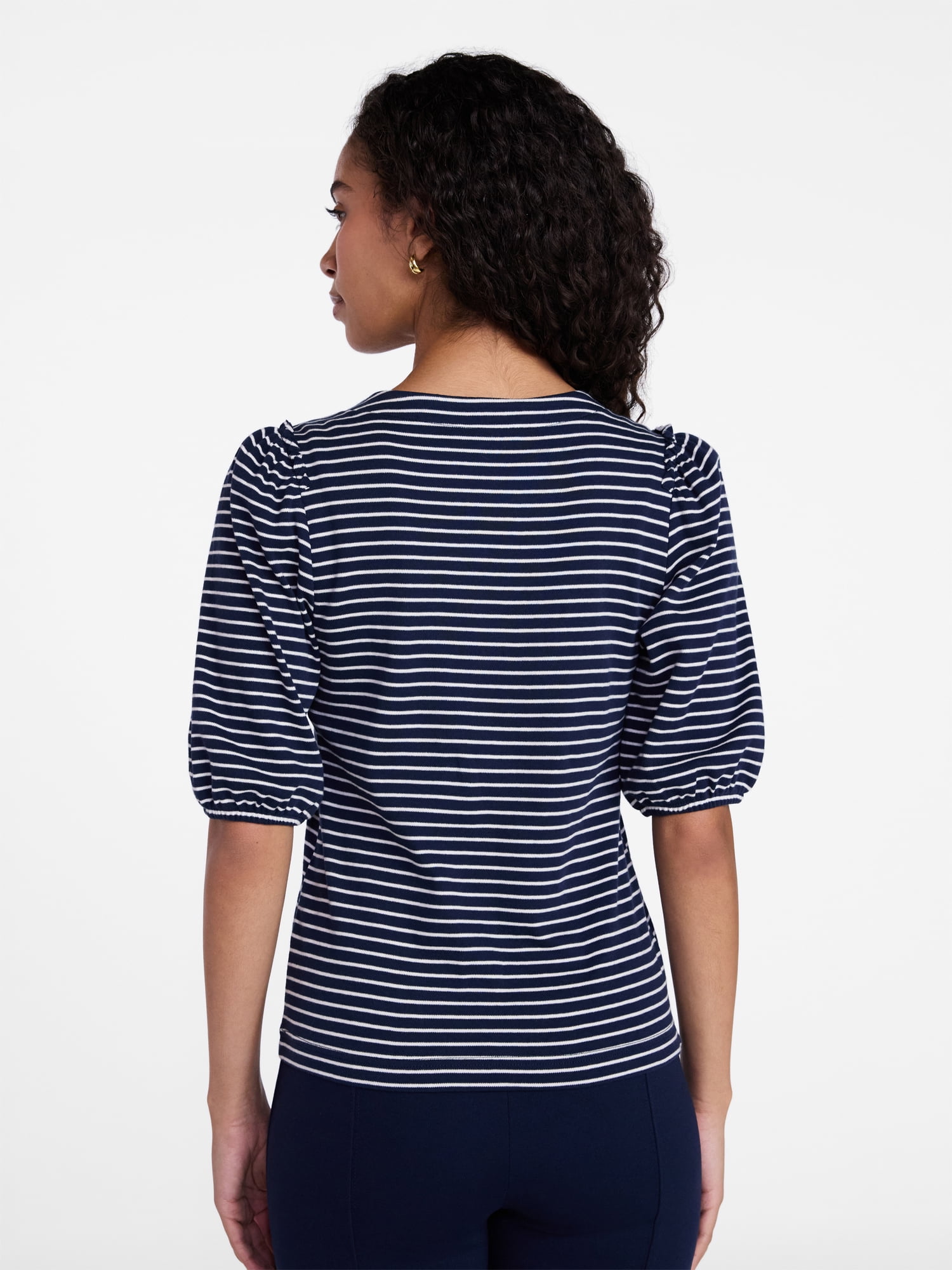 Time and Tru Women's Cotton Crewneck Tee with Puff Sleeves, Sizes XS-XXXL