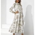 thumbnail image 3 of Vestido estampado de mujer con volantes suaves y cuello alto con cordón y dobladillo largo vestido suelto y transpirable, 3 of 7