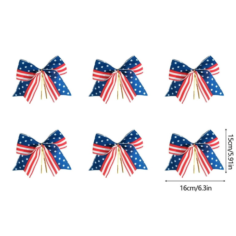 6PCS 4th Of July Patriotic Bows | Red White Blue Stars Stripes Decor | Gold Ribbon Wreath Bows