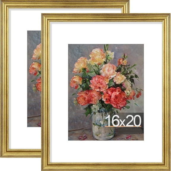 16x20 Picture Frames Set of 2, Ornate Vintage Photo Frame for Wall Mount, Display 11x14 Pictures with Mat or 16x20 without Mat, Rustic Gold
