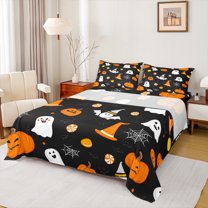 Manfei Kawaii Ghost Child Queen Sheet Sets, Black Orange Pumpkin Bat Flat Sheet, Happy Halloween Theme Queen Fitted Sheet, Super Cozy Room Decor, 4-Piece
