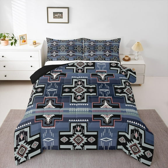Homewish Bohemian Aztec Bedding Comforter Set for Teen, Blue Square Triangle Twin Comforter Sets, Vintage Mandala Western Reversible Bedding Set, Lightweight Room Decor, 2-Piece