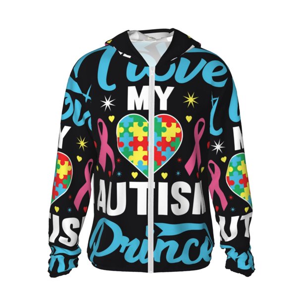 Fotbe I Love My Autism Chaqueta con Protección Solar UPF 50+ para Hombre y Mujer, Camisa con Capucha y Bolsillos-Small