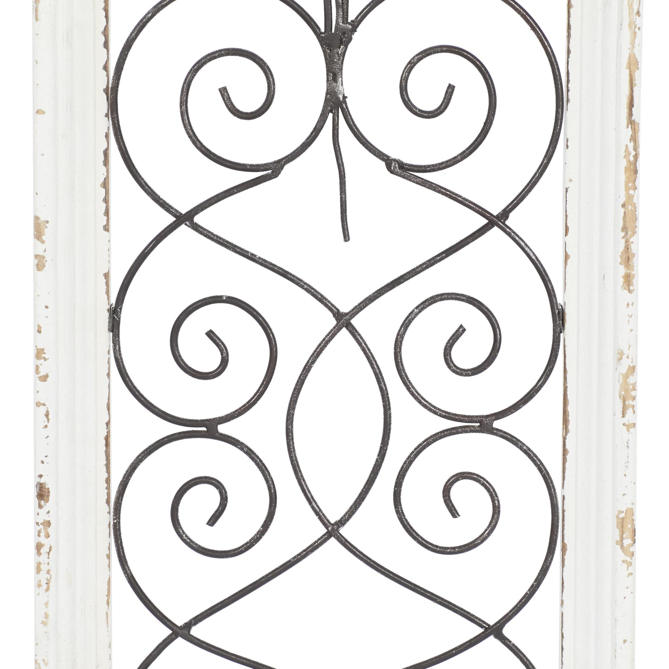 DecMode White Wood Arched Window Inspired Scroll Wall Decor with Metal Scrollwork Relief