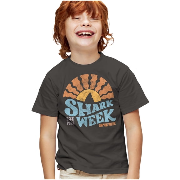 Shark Week Officially Licensed Lino Sunset Kids T Shirt for Youth Boys and Girls, Charcoal, Medium