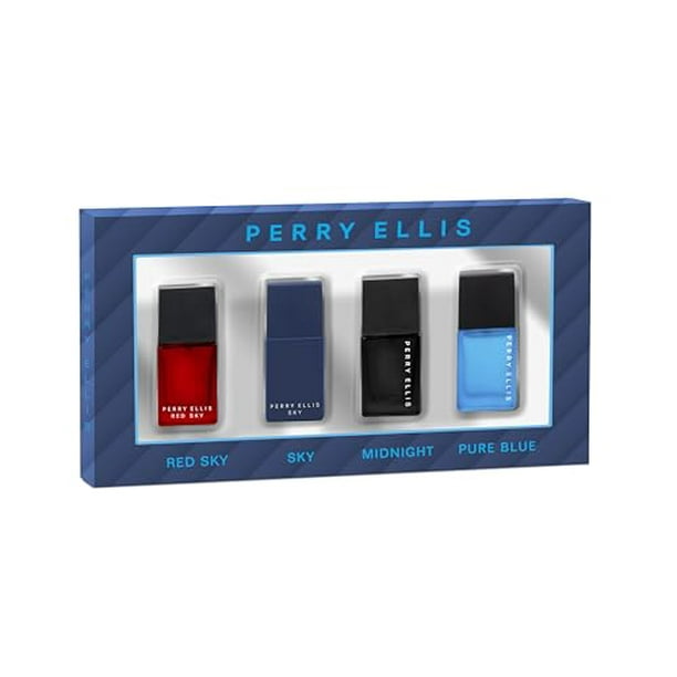 Perry Ellis Mini Coffret Set de regalo para hombre - Cielo rojo, Cielo, Medianoche, Azul puro - Paquete de 4 mini aerosoles de viaje EDT de 0,25 onzas líquidas
