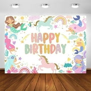 Mermaid and Unicorn Birthday Backdrop Cartoon Mermaid Birthday Party Decorations Rainbow Unicorn Theme Party Decoration Girls' Happy Birthday Background Banner