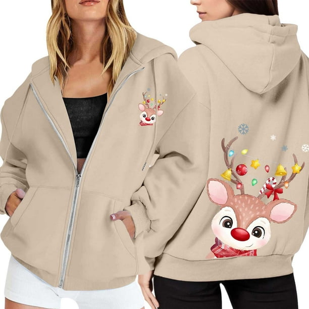 WILLBEST Sudadera Deportiva para Mujer Ladies' Christmas Printed Zipper Long Sleeved Pocket Drawstring Casual Hooded Sweatshirt 1976 Chica