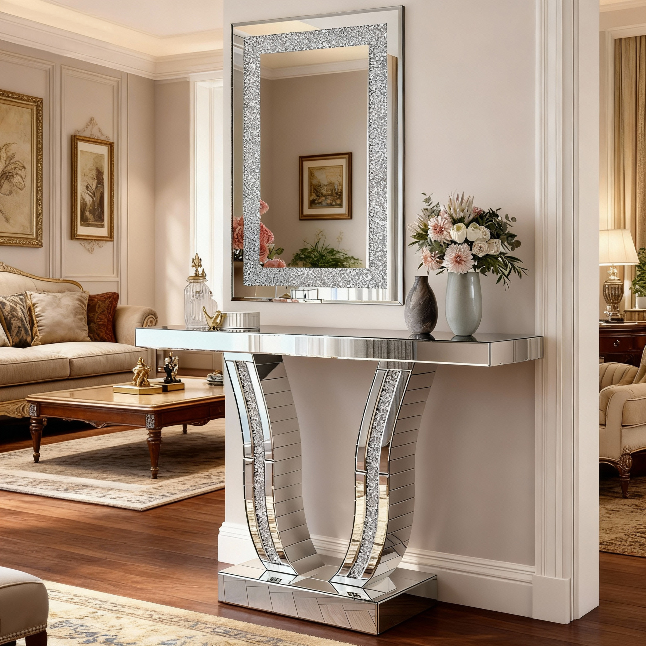 Noble House Crystal Crush Diamond Silver Wall Mirror,Modern Rectangular Mirror with Beveled Edge,Silver