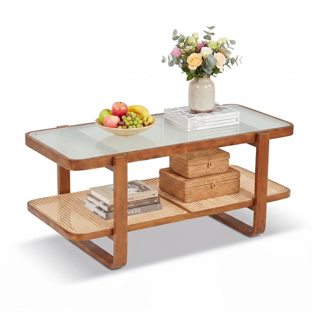Gymax Rattan Coffee Table 2-Tier Rectangular Center Table w/Frosted Tempered Glass Top