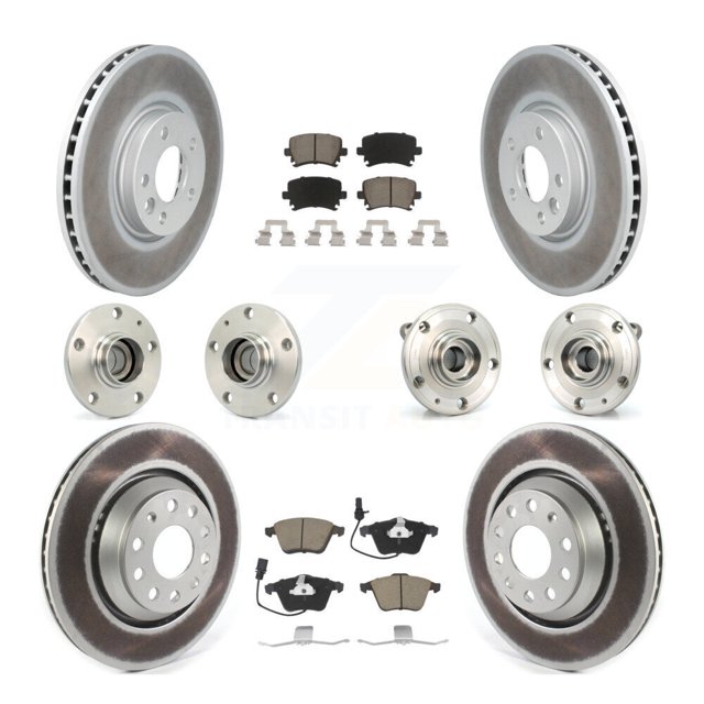 Transit Auto Front Rear Hub Bearings Assembly Coated Disc Brake Rotors and Ceramic Pads Kit (10Pc) for Car Volkswagen CC with 340mm Diameter Rotor - Left Right Side (Driver Passenger) KBB-120709