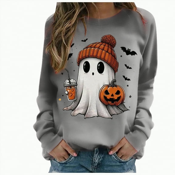 mgoYE Halloween Tshirts Women T Shirts for Women Casual Western Graphic Pullover Tops Hoodies Tees Cowgirls Country Outfits(Grey,XL)