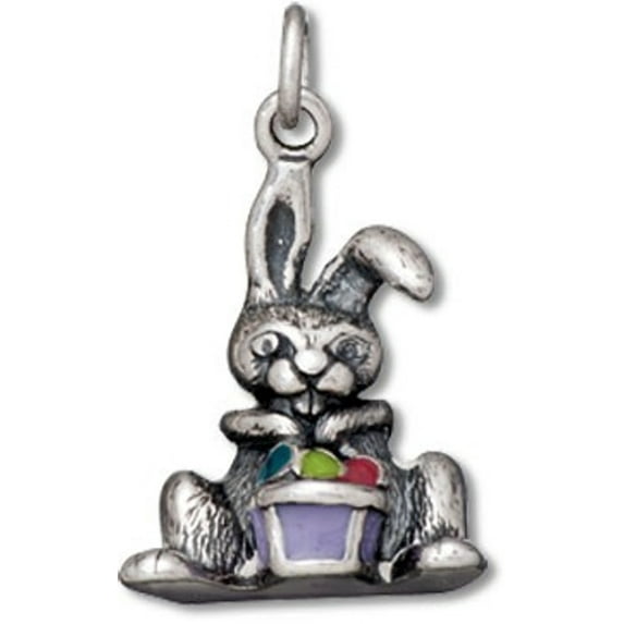 Sterling Silver 16" 1.2mm Box Chain Easter Bunny Rabbit Enameled Basket And Eggs Pendant Necklace
