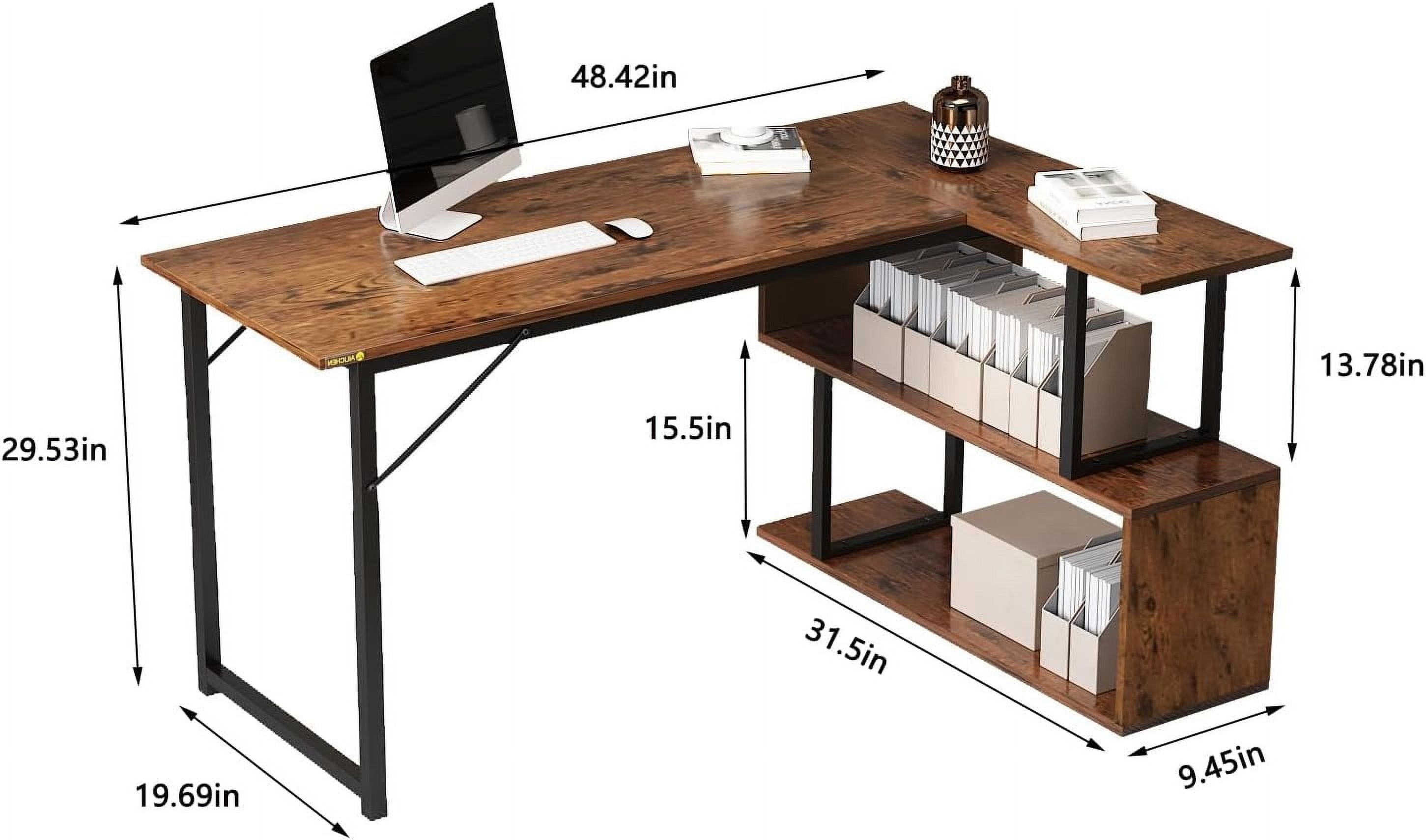 L Shaped Computer Desk with 2 Shelves Bookshelf, Modern Corner Computer Desk with Storage, Office Desk Study Table Writing Desk for Home Office