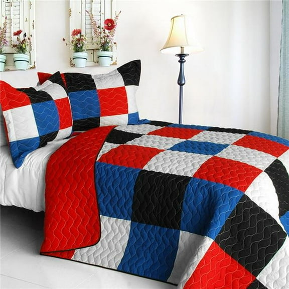 Lattice Logic - 3 Pieces Vermicelli-Quilted Patchwork Quilt Set  Full & Queen Size - Blue