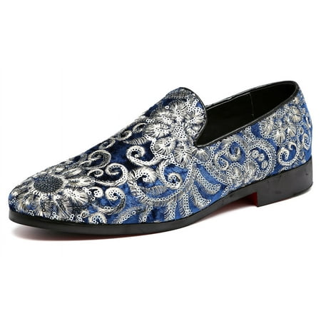 Santimon Mens Leather Loafers Silver Floral Casual Shoes Slip-on Dress Shoes Blue 12 US