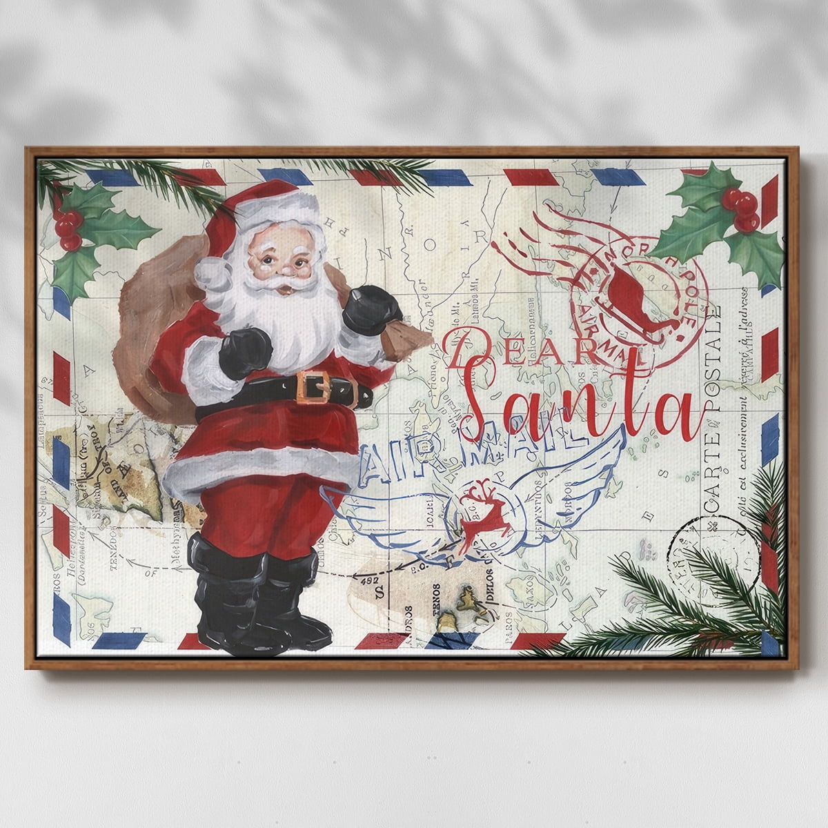 Christmas Par Avion Collection A - Framed Gallery Wrapped Holiday Canvas - 17 x 25 - Rosewood Frame