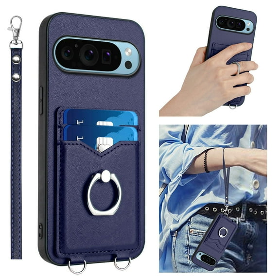 Wallet Case for Google Pixel 9 Pro XL, Stylish Ultra Slim PU Leather Card Slots Ring Stand Wrist Strap Shockproof Protective Thin Lightweight Back Case Cover for Google Pixel 9 Pro XL, Blue