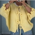 thumbnail image 2 of Womens Tie Front Cardigan Sweaters Light-Weight Knit Ruffle Half Sleeve 2025 Trendy Jacket Yellow M, 2 of 8