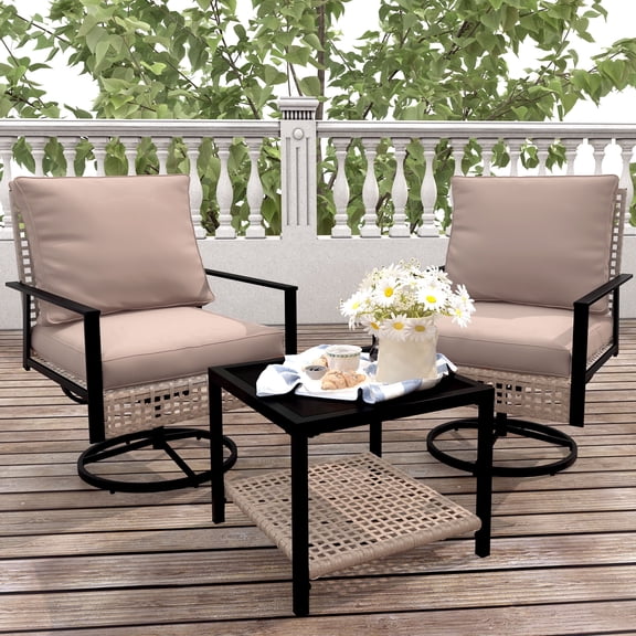 Ainfox Premium Patio Swivel Bistro Set,Wicker Rattan Rocking Chairs w/Glass Top Table & Cushions,Khaki