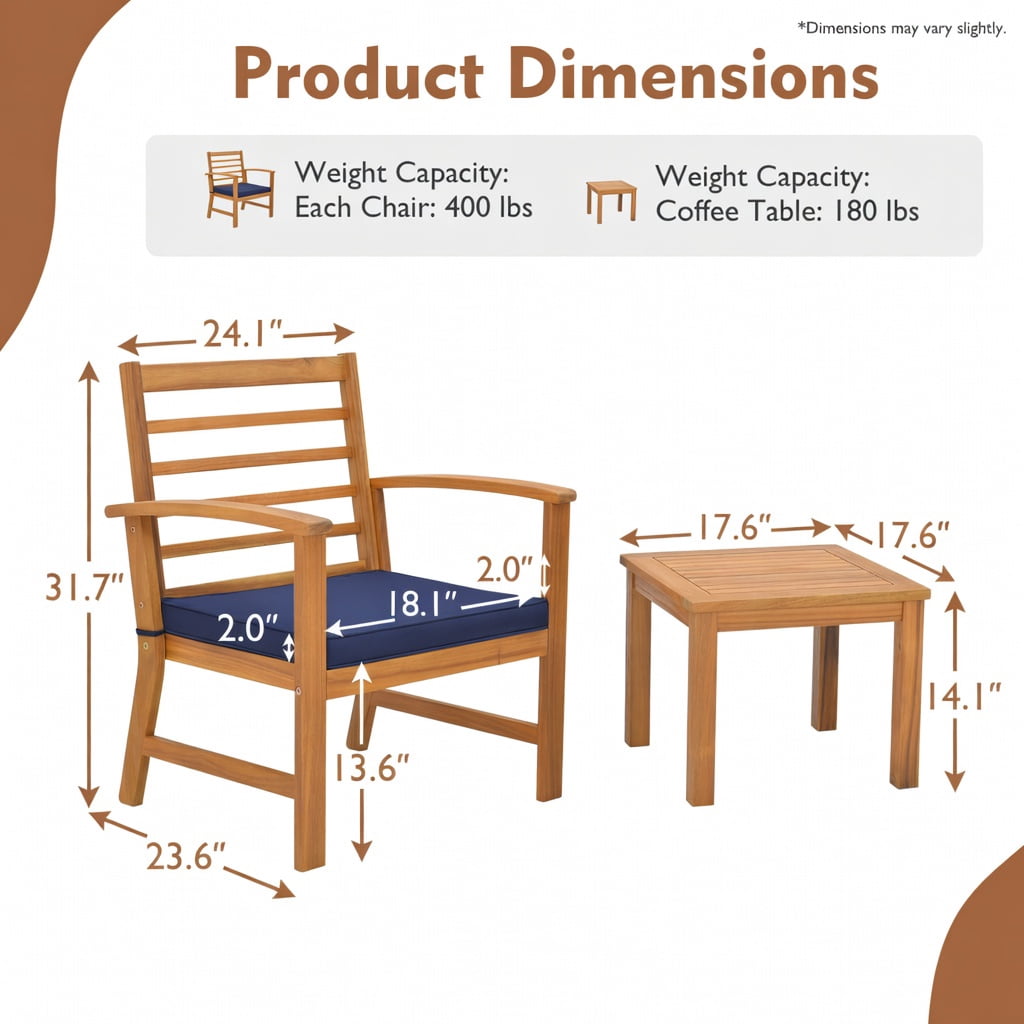 Hommoo 3-Piece Acacia Wood Outdoor Patio Furniture Set with Cushions, Durable Backyard Seating for Poolside, Porch, or Deck, Navy