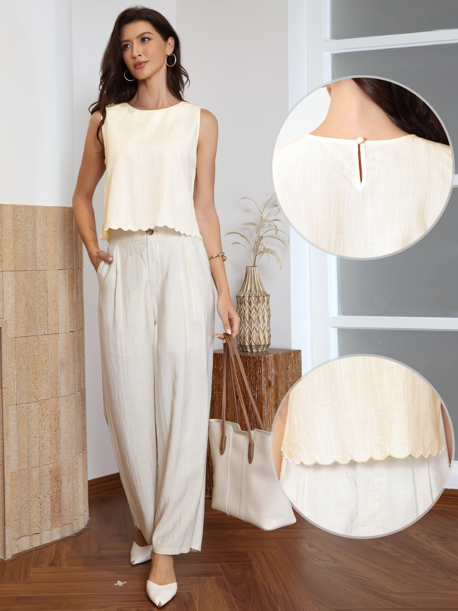 DARING DIVA Women's Linen Tank Top Sleeveless Crew Neck Scallop Hem Office XL Beige