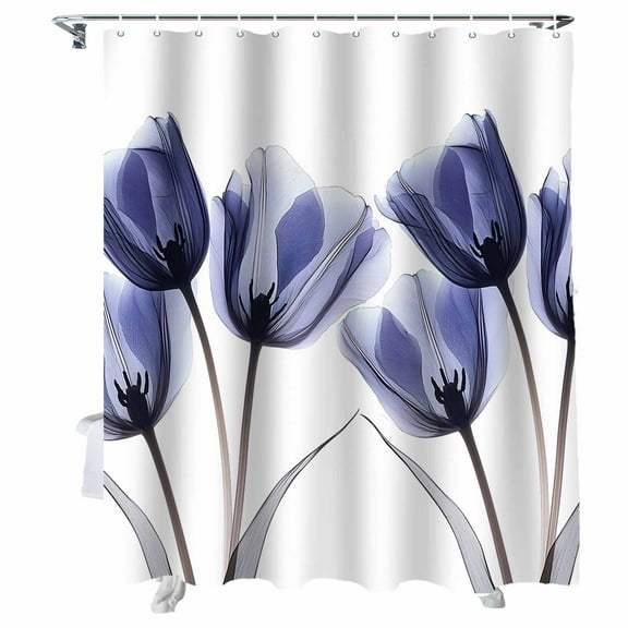 Shower Curtains Navy Blue Tulip Bath Curtain Flower Floral Waterproof Bathroom Shower Curtain Set with Hooks Decoration 72 x 72 Inches