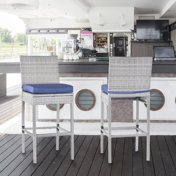 Outdoor Bar Stools Set of 2 Wicker Counter Height Bar Stools Patio Chairs Bar Height Patio Stools & Bar Chairs with Footrest Armless Cushion Navy Blue All Weather Rattan for Garden Pool Lawn Backyard