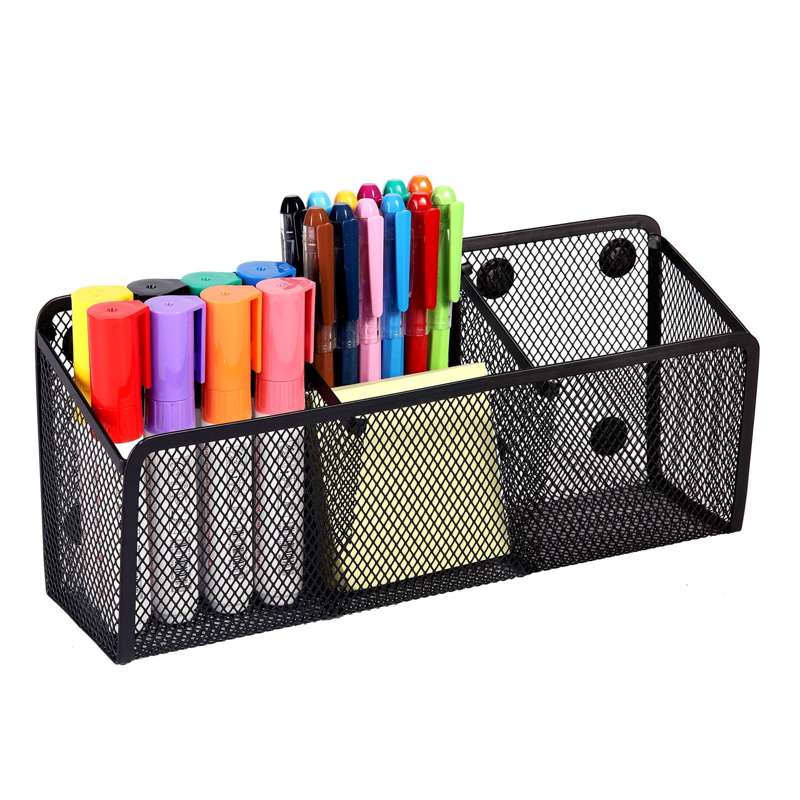 Magnetic Pencil Holder - Extra Strong Magnets Mesh Marker Holder Perfect for Whiteboard, Refrigerator and Locker Accessories (3 Baskets, 1 Pack Black)