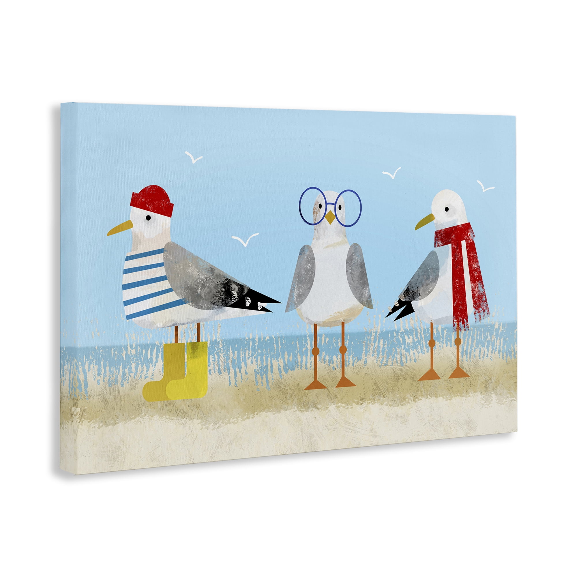 Stupell Industries Seagulls in Winter Clothes Animals Painting Wrapped Canvas Art Print Wall Art, 45 x 30