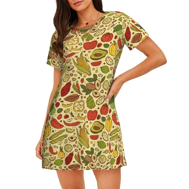 Fotbe Fruits And Vegetables Bata de Dormir para Mujer con Estampado, Camisón de Algodón de Manga Corta, Ropa de Dormir Casual