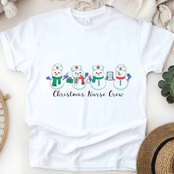 Nurse Crew Graphic T-Shirt with Snowman Design, Unisex Casual Tee, White, Size S
