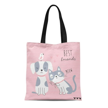 LADDKE Canvas Tote Bag Pink Kitty Cute Best Friends Cat Dog and Bird Durable Reusable Shopping Shoulder Grocery (Best All Around Bird Dog)
