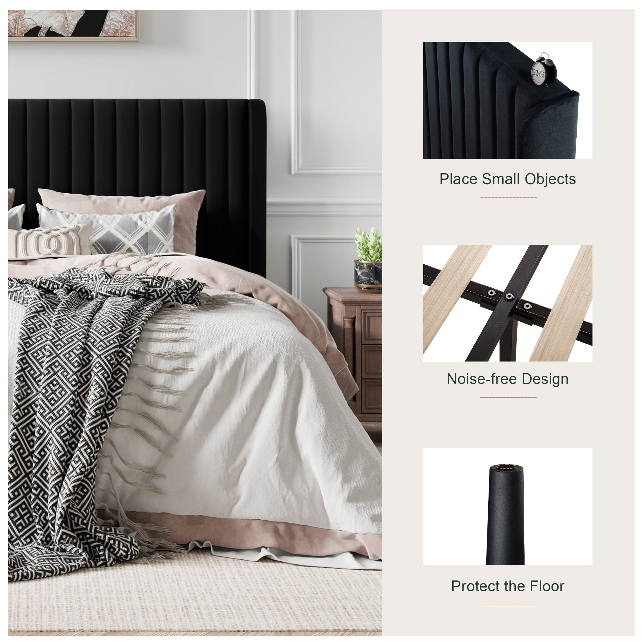 Amolife Queen Velvet Upholstered Bed Frame with Wingback Headboard, Vertical Stripes, Black  (图5)