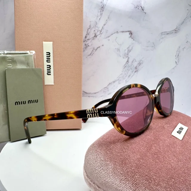 New MIU MIU Sunglasses Brown Tortoise Skinny Round Gold Metal Logo Authentic
