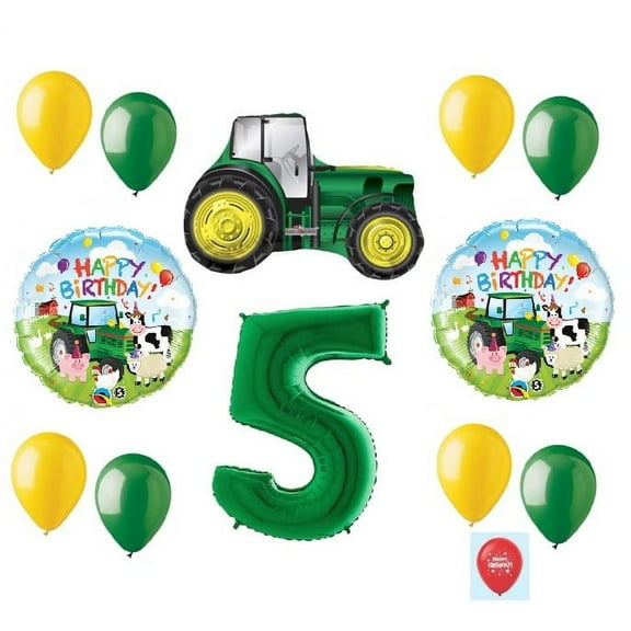 DalvayDelights 13 Piece New Balloon Set Green 5th #5 Birthday Tractor Fifth Party Favors Gift Decoration