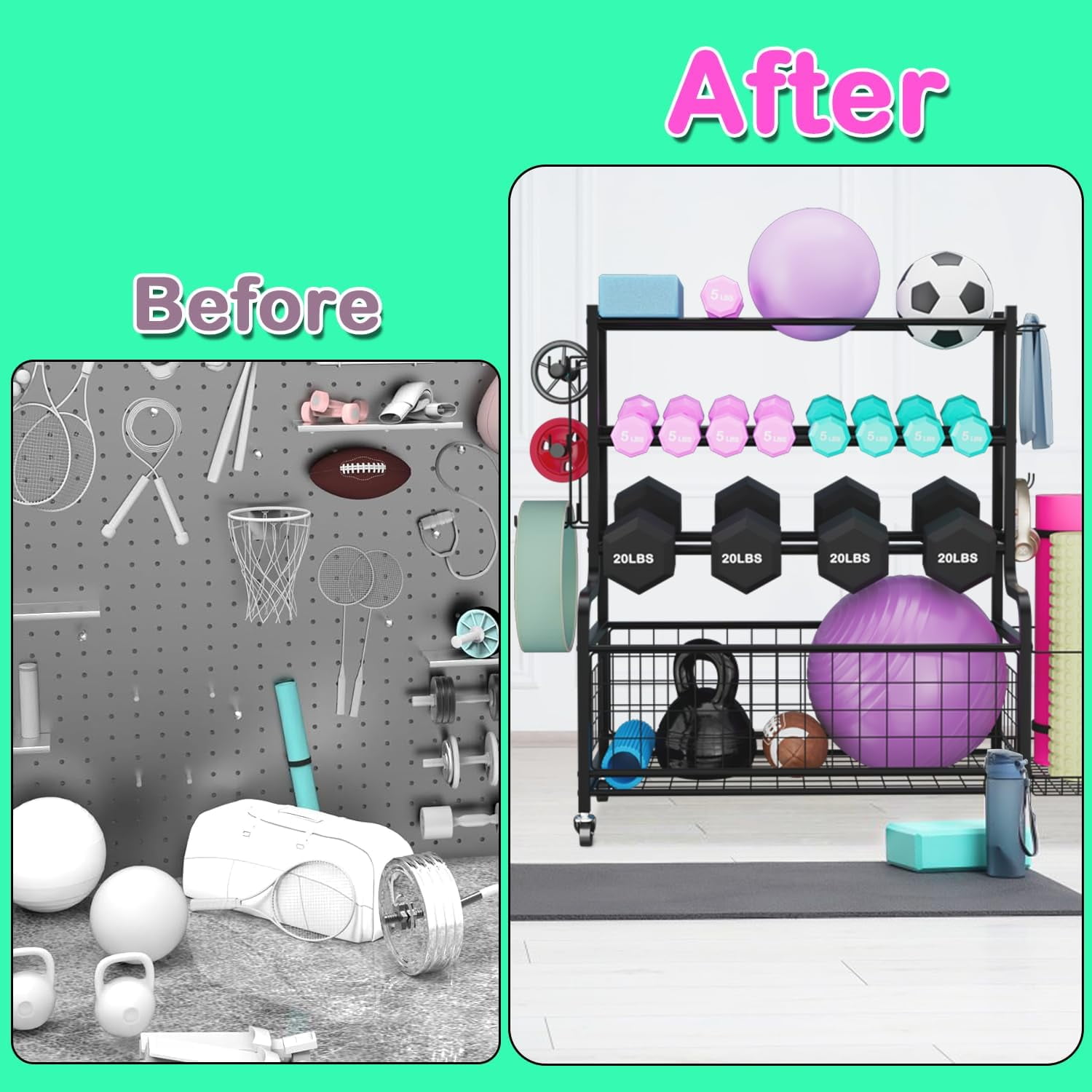 Ztysn Workout Yoga Fitness Equipment Rack for Home Gym,Weight Dumbbell Yoga Mat Foam Roller Storage Rack Organizer with Wheels and Hooks,Metal/Black