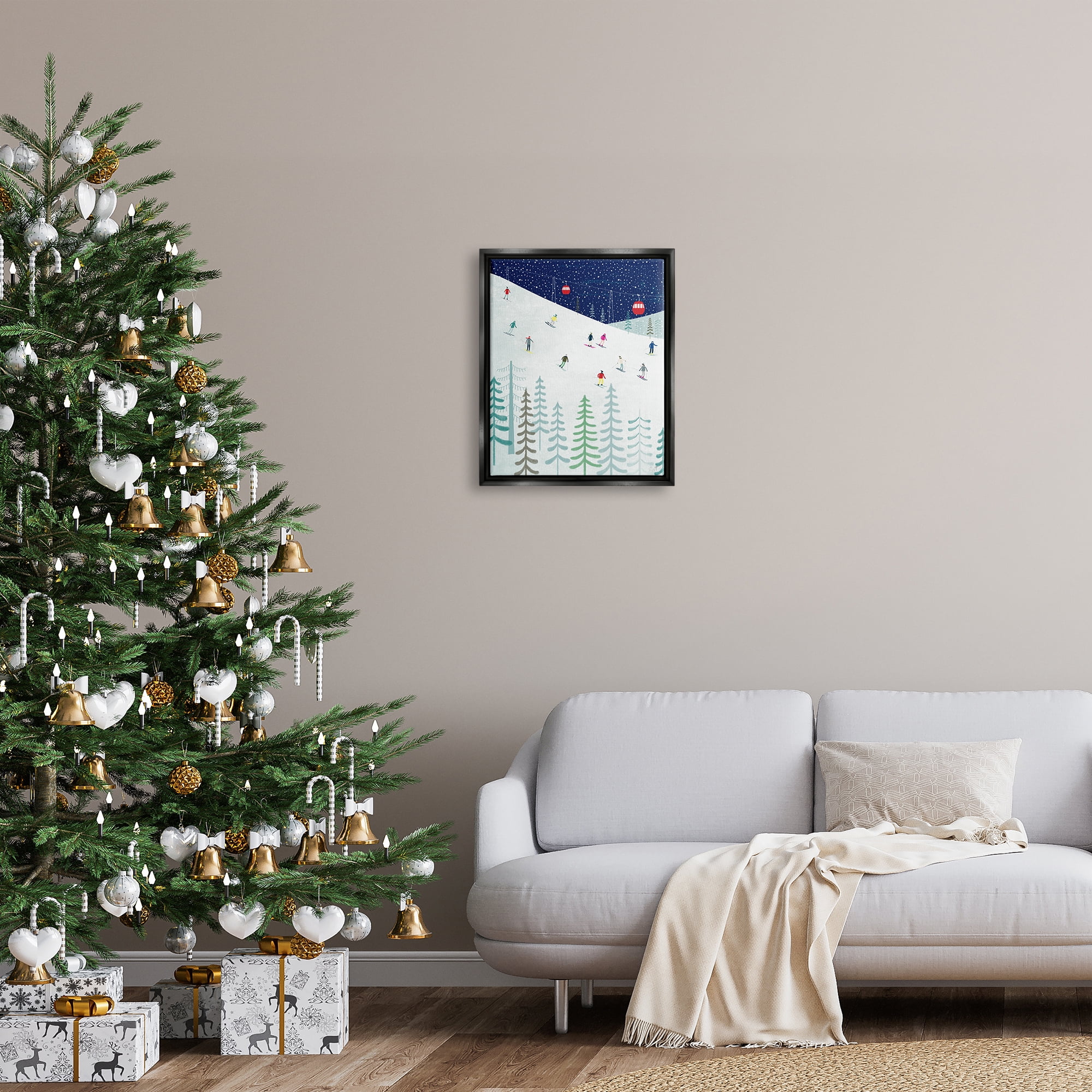 Stupell Industries Skiing Night Sky Winter Slopes Holiday Painting Black Floater Framed Art Print Wall Art