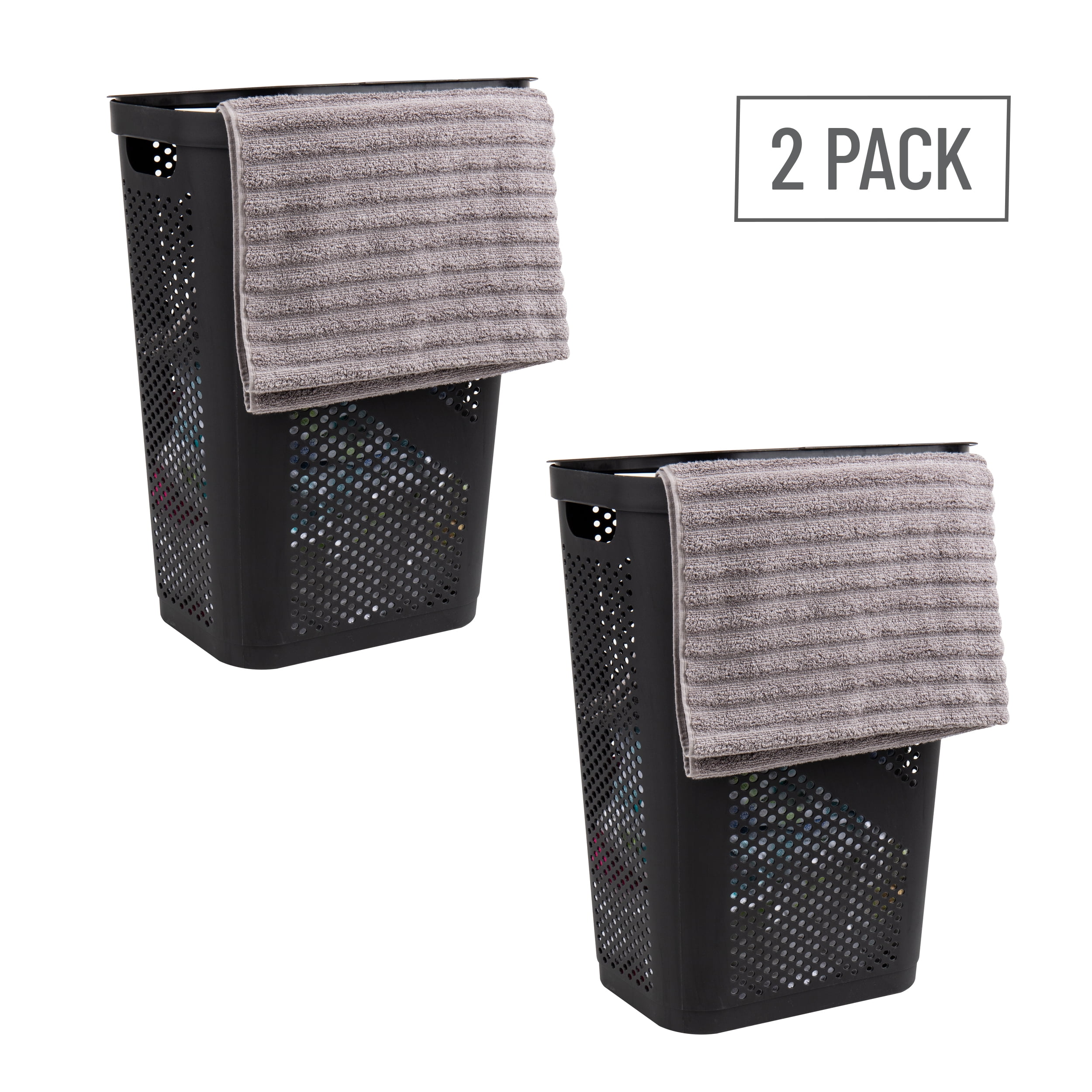 Mind Reader 60L Slim Laundry Hamper, Clothes Basket, Lid, Ventilated, Plastic, Set of 2, Black
