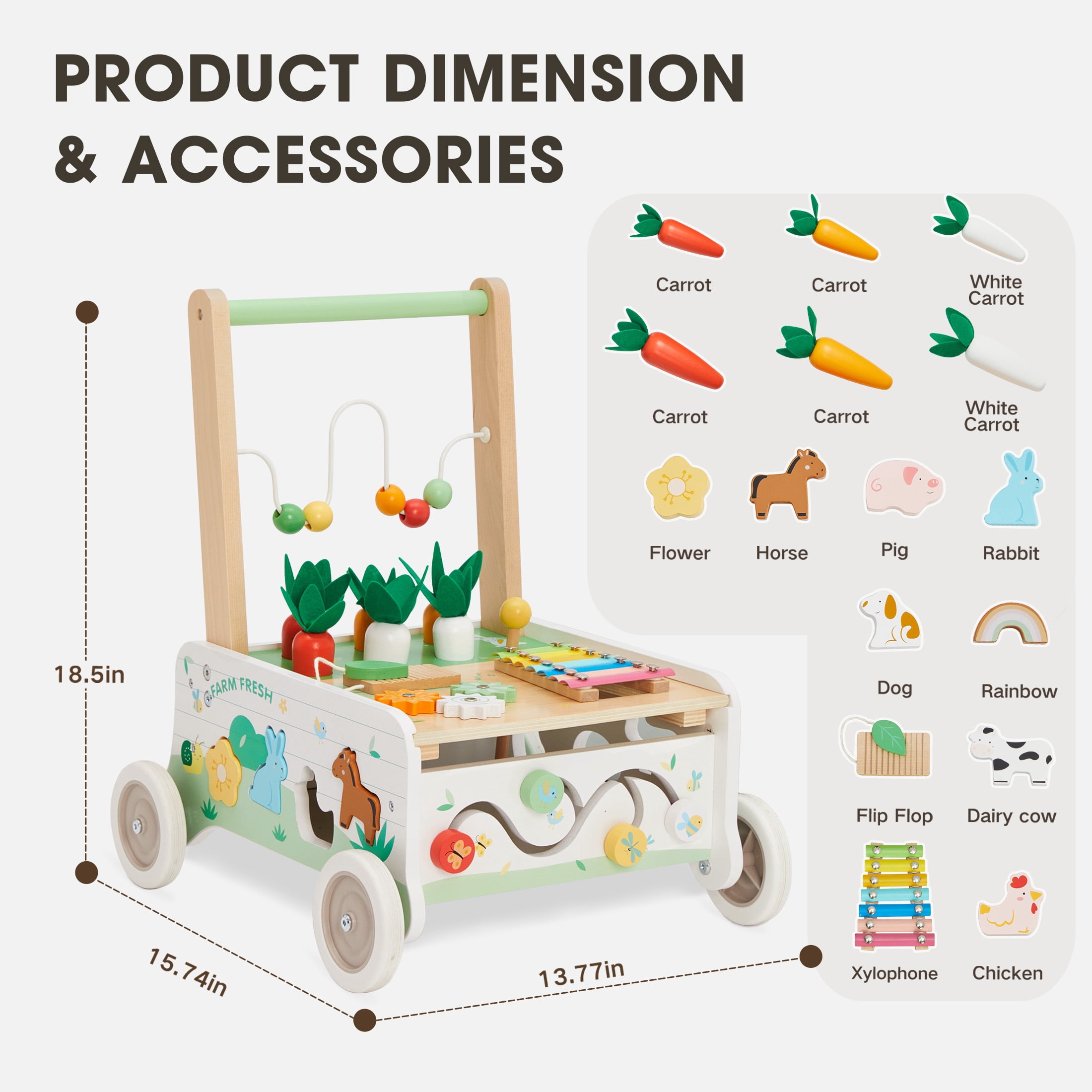 Jolie Vallee Wooden Baby Walker,Push Walker with Activity Center,Push Wlakers for Babies 18 M+,Adjustable Speed and Height Walkers for Boys/Girls
