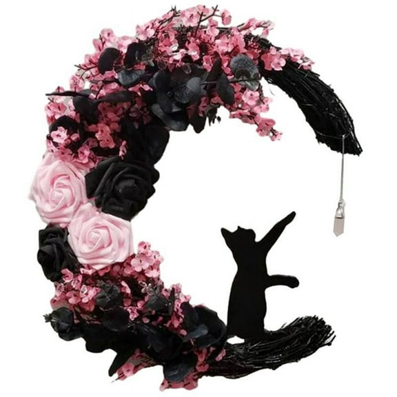 Halloween Crescent Moon Cat Wreath Pink Black Plant Rattan Garden Door Wall Decoration 30x20x3 Inch