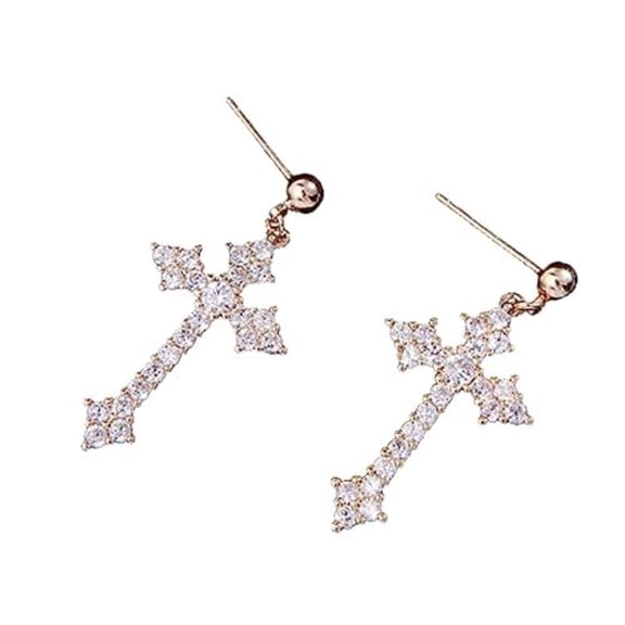 Dazzling Cross 14K Gold Dangle Drop Earrings, Elegant Infinity Cross Earrings, Jewelry for Christian Baptism Gift